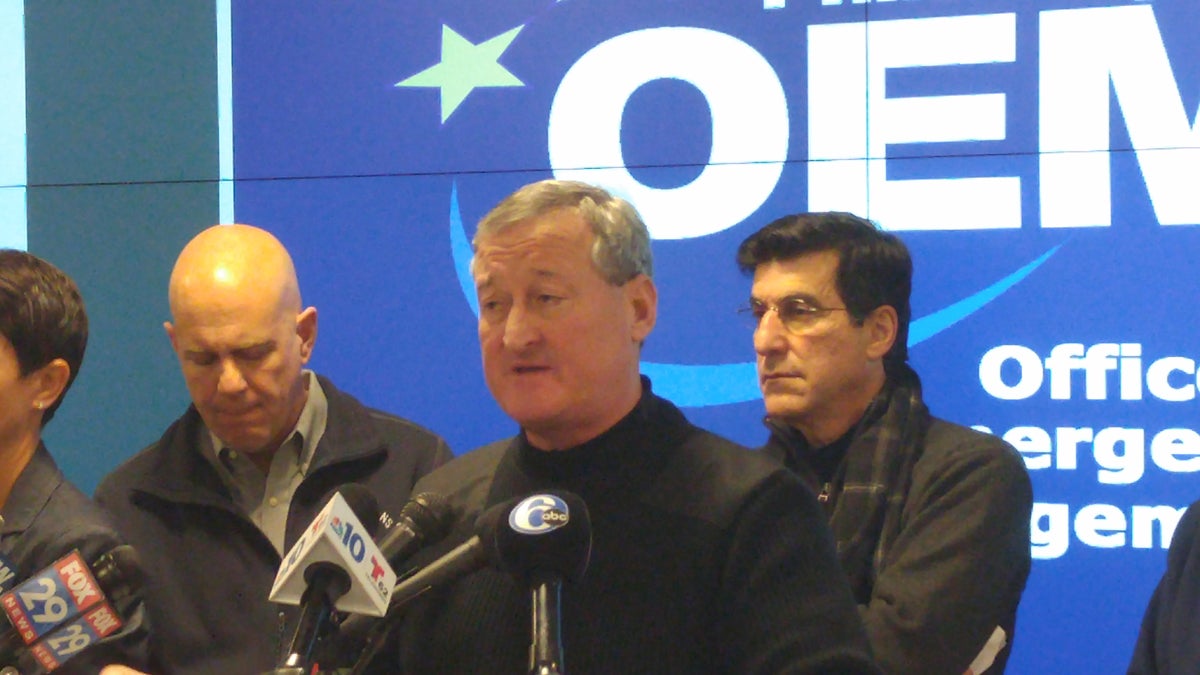  Philadelphia Mayor Jim Kenney adr3esses the press at the Office of Emergency Management on Sunday morning (Tom MacDonald/WHYY) 