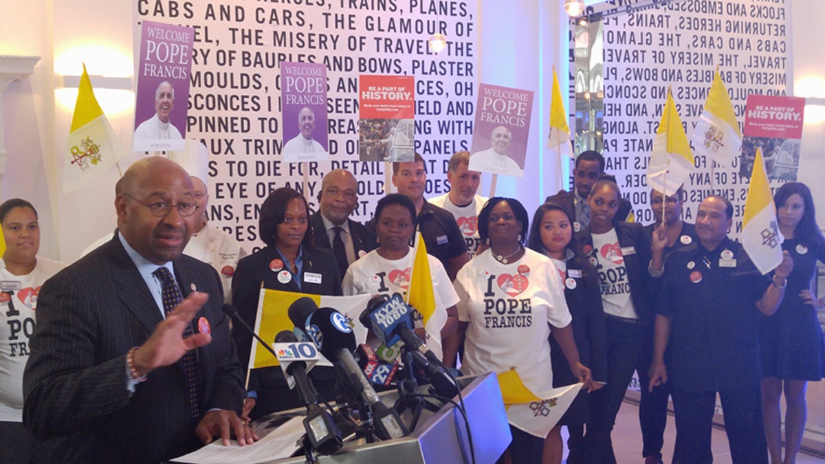  Mayor Michael Nutter held a rally with hotel workers Friday (Tom MacDonald/WHYY) 