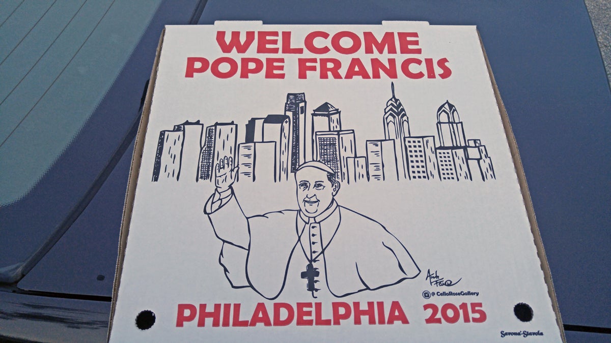  Amanda Farese, director of marketing for Savona-Stavola, who is also an artist on the side, drew the picture of Pope Francis that adorns the box. (Tom MacDonald/WHYY) 