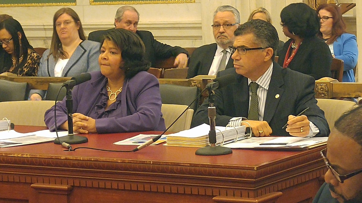 President Judge Sheila Woods-Skipper (left) testified at Philadelphia City Council she is working on expanding electronic monitoring to cut numbers at the city's correctional facilities. (Tom MacDonald/WHYY)