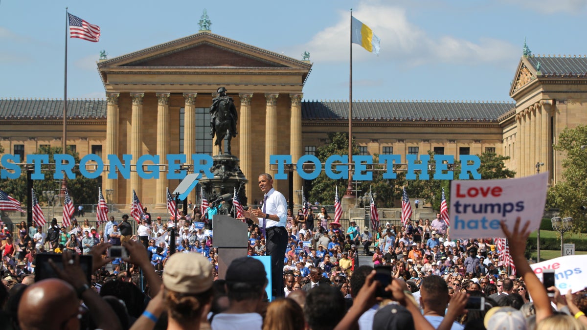 President Barack Obama speaks in support of Hillary Clinton during a rally at Eakins Oval. (Emma Lee/WHYY)