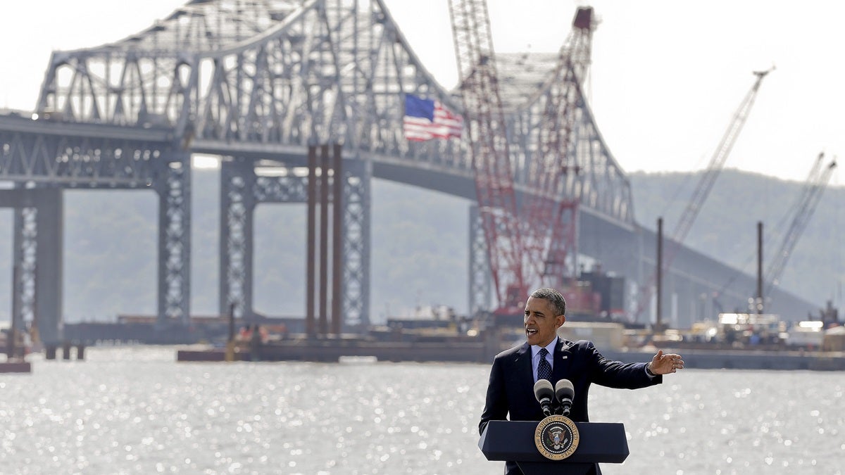  President Barack Obama speaks near the base of the Tappan Zee Bridge in New York in May.(AP Photo/Julie Jacobson) 