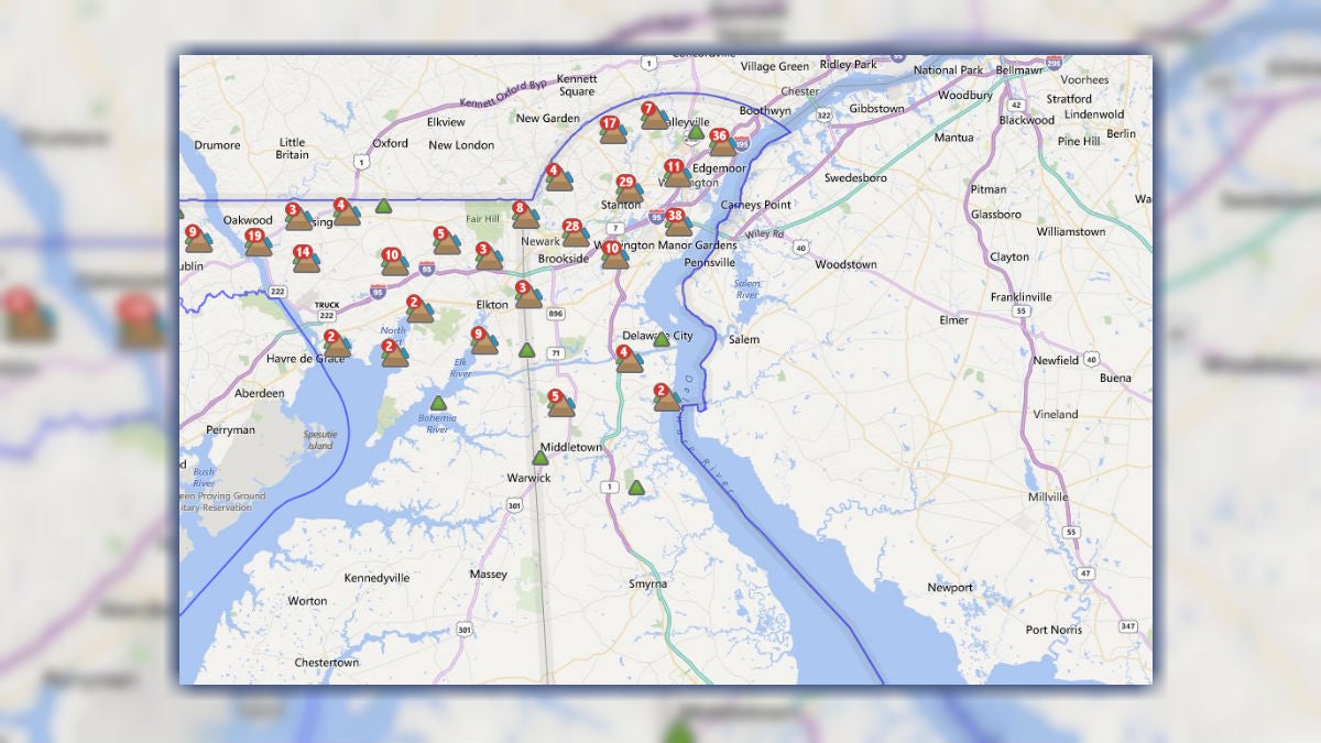  Delmarva Power's outage map shows where the problem spots remain after Tuesday's storms. (image from Delmarva Power) 