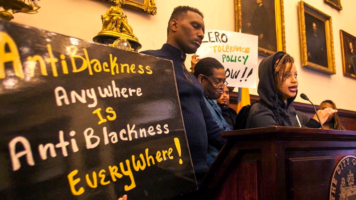 Activists representing Philly Black Lives Matter, the Black and Brown Workers Collective, and the Coaliton for REAL Justice call for a change in Philly LGBT leadership after racist incidents in the Gayborhood last October. (Brad Larrison for NewsWorks, file) 