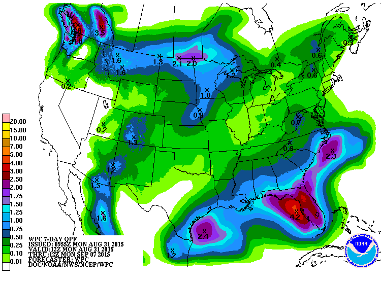  7-day precipitation forecast from the National Weather Service. No significant precipitation is in New Jersey's forecast through Labor Day.  