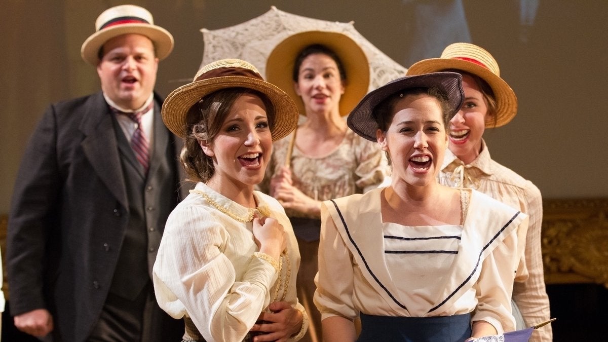  From the left, Scott Greer, Rachel Camp, Sarah Gliko, Alex Keiper and Caroline Dooner of the ensemble in Arden Theatre Company's production of Parade. Photo courtesy of Mark Garvin.  