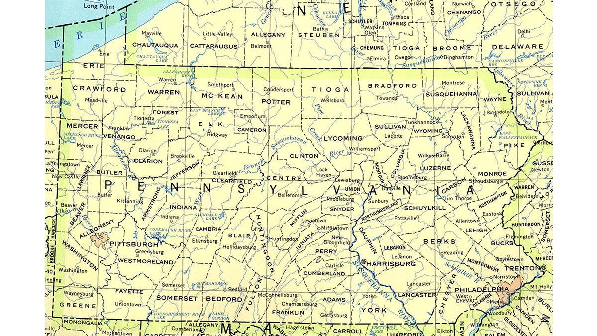 Map of the state of Pennsylvania showing county boundaries and names, county seats and rivers from the U.S. Geological Survey. 
