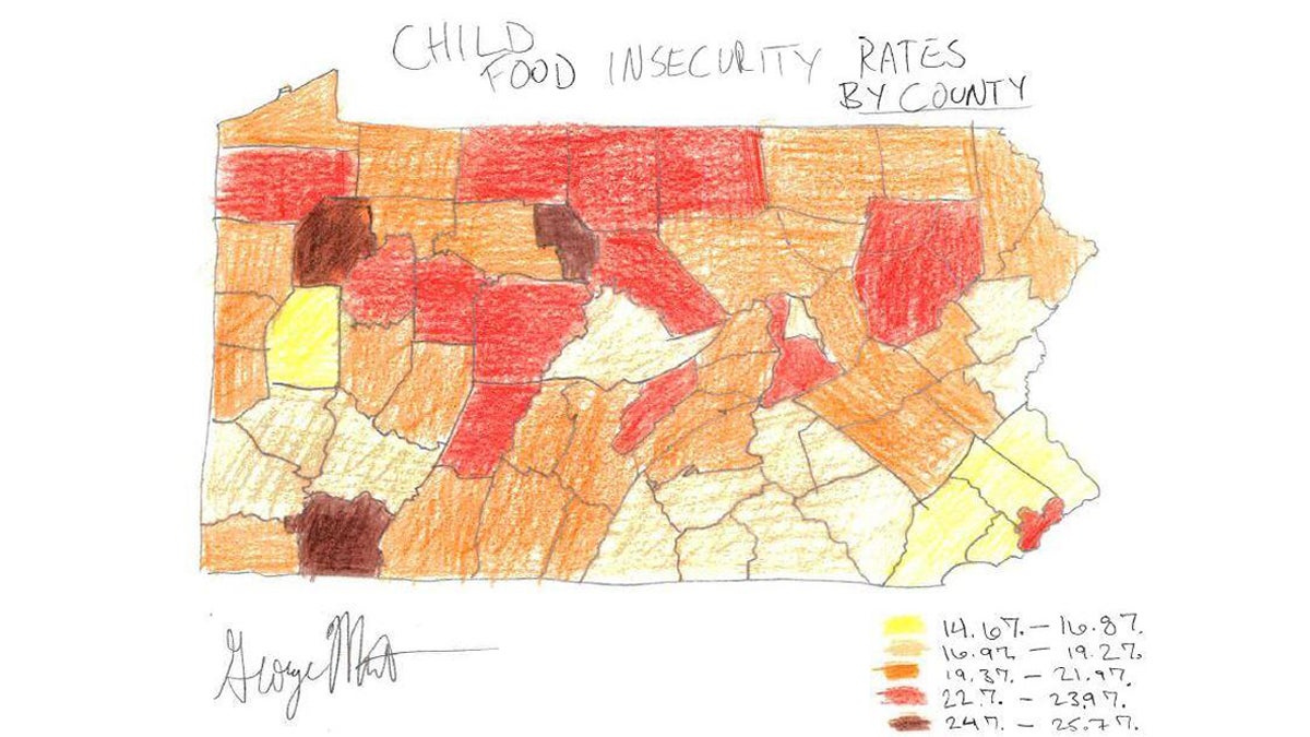  The ‘Child Food Insecurity Map' submitted by George Matysik from Philabundance shows the percentage of children who are hungry in Pennsylvania. 