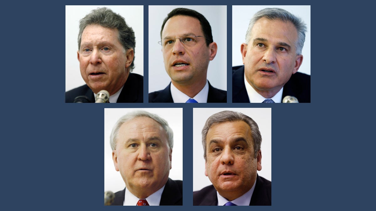 Candidates for Pennsylvania attorney general (clockwise from top left) are Democrats Northampton County District Attorney John Morganelli; Montgomery County Commissioner Josh Shapiro; Allegheny County District Attorney Stephen Zappala; and Republicans Joe Peters and  state Sen. John Rafferty of Montgomery County. (AP file photos)