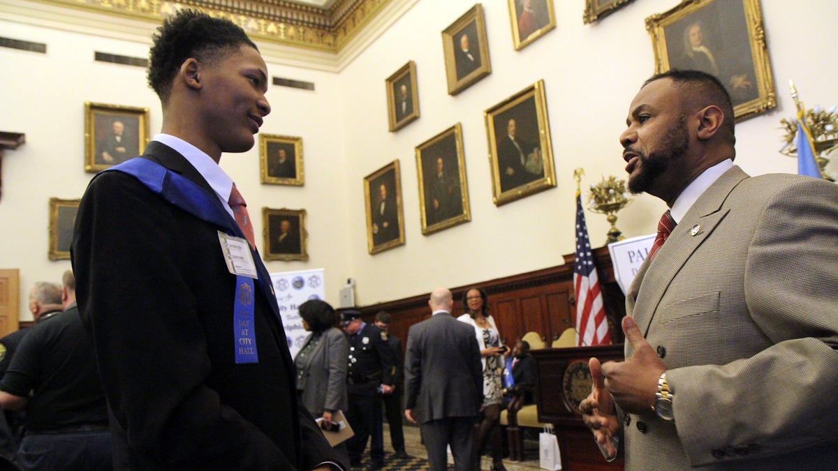  City Councilman Curtis Jones meets his PAL Students Shyheim Perry, 18. (Kimberly Paynter/WHYY) 