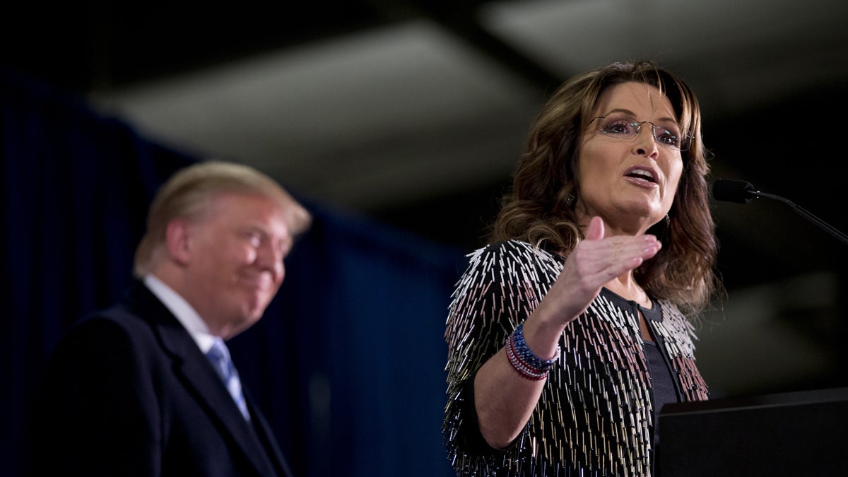  Former Alaska Gov. Sarah Palin, right, endorses  Republican presidential candidate Donald Trump during a rally at the Iowa State University, Tuesday, Jan. 19, 2016, in Ames, Iowa. (AP Photo/Mary Altaffer) 