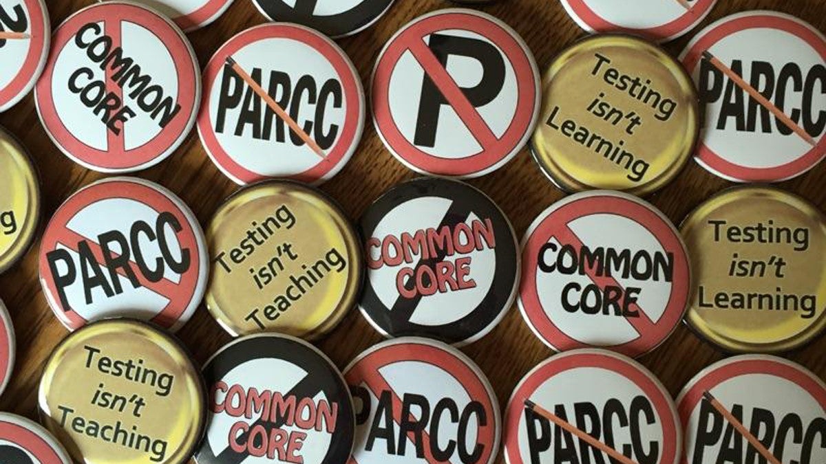 New Jersey does not have a formal policy on allowing parents to opt out of  standardized testing for their kids, so organizers with groups like Save Our Schools NJ have created buttons and other materials to raise awareness. (Image courtesy of Jack Fairchild)  