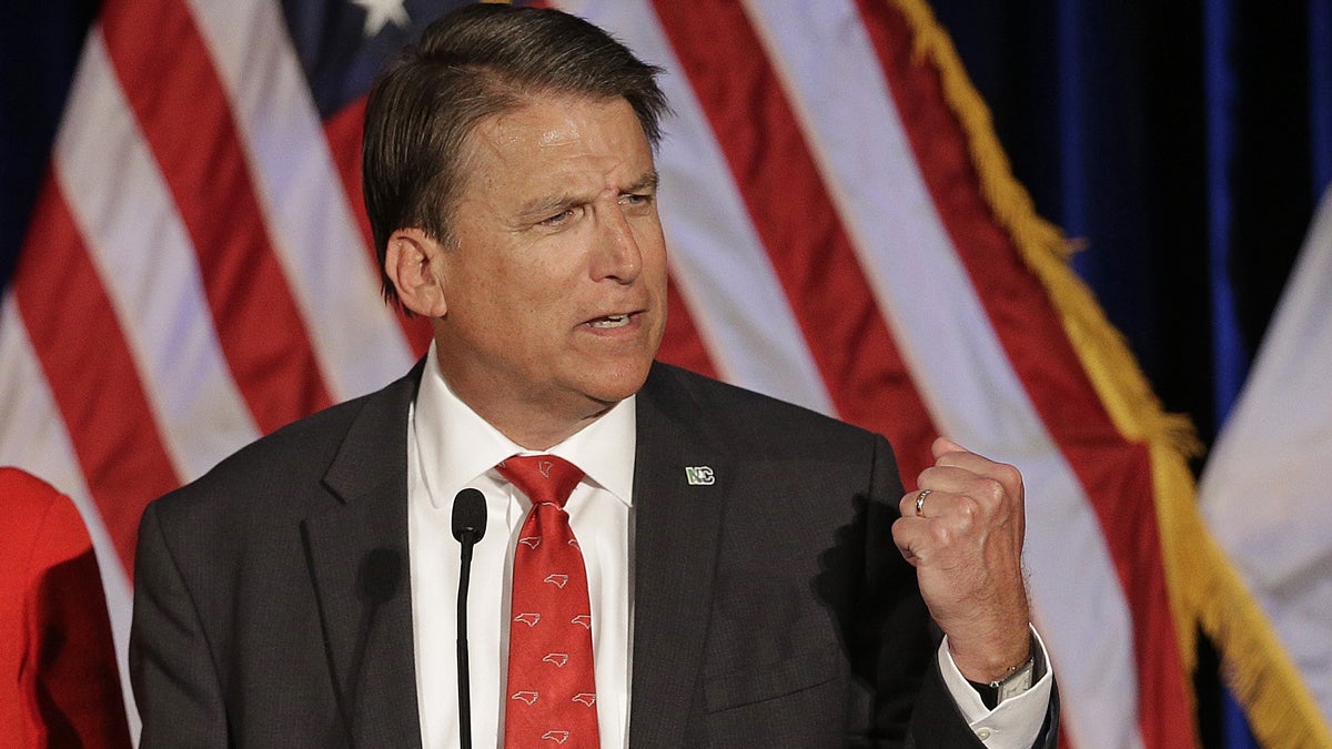 North Carolina Gov. Pat McCrory is shown speaking to supporters at a November election rally in Raleigh