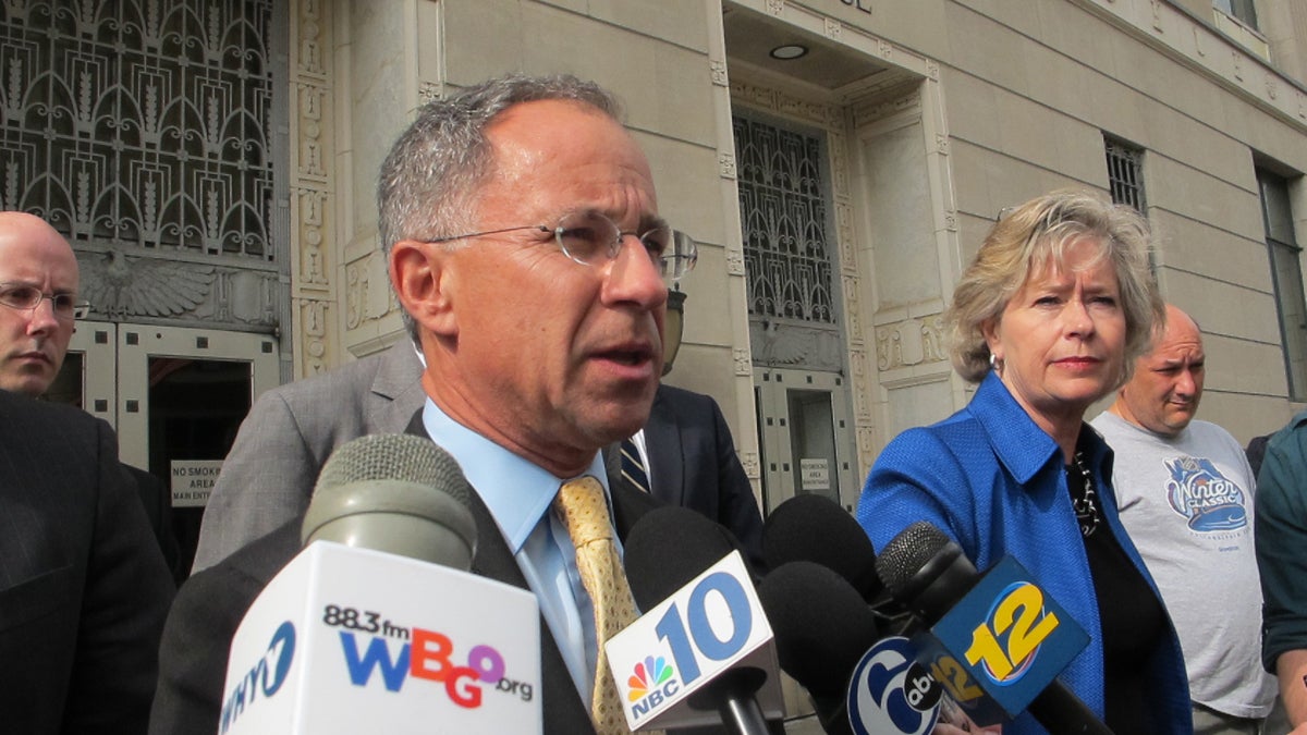  U.S. Attorney Paul Fishman speaks with reporters after former Trenton Mayor Tony Mack was sentenced to 58 months in prison. (Phil Gregory/for NewsWorks) 