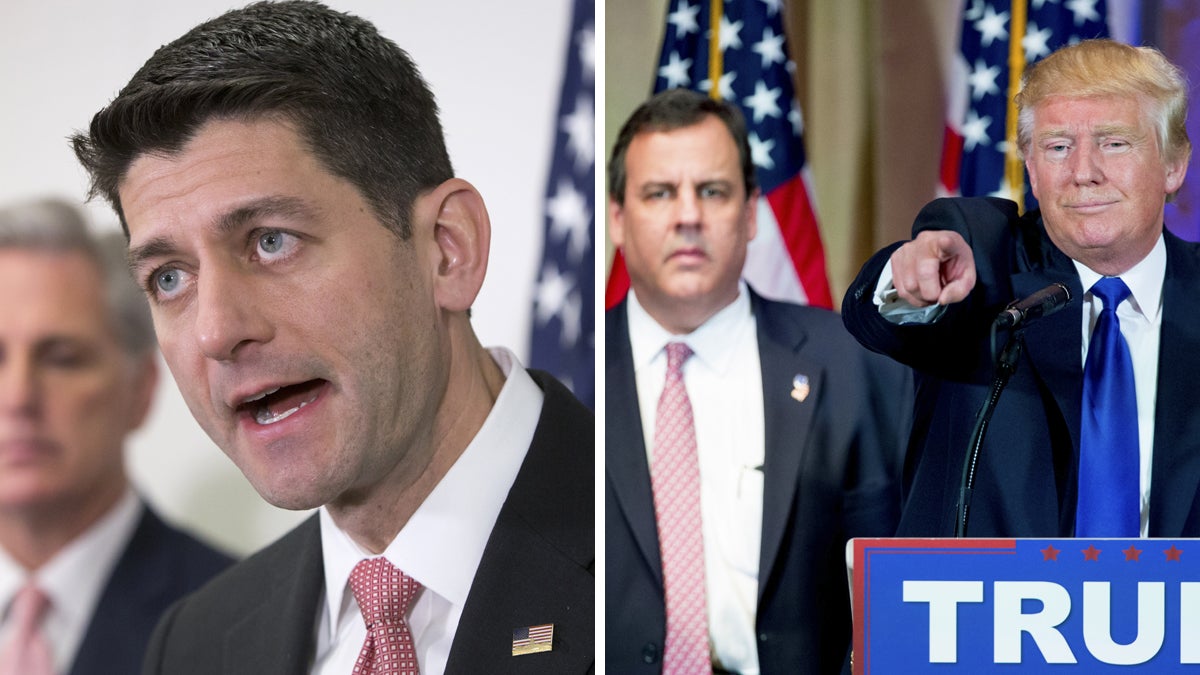 Left: House Speaker Paul Ryan told reporters on Tuesday that anyone who wants to be the Republican presidential nominee must reject any racist group or individual. (AP Photo/J. Scott Applewhite) Right: Republican presidential candidate Donald Trump