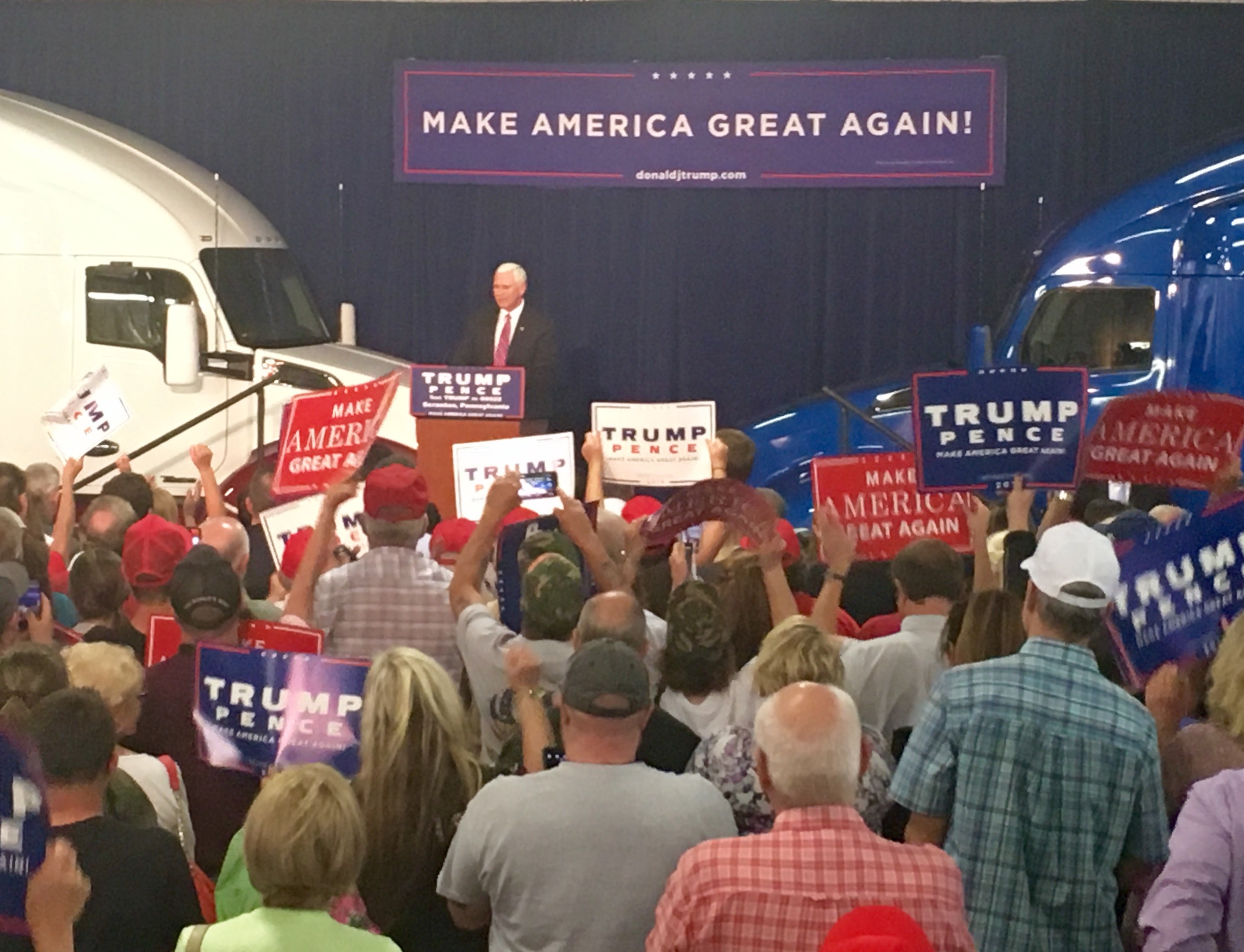 Republican Vice-Presidential nominee Mike Pence addressed a crowd at Kenworth of Pennsylvania Wednesday night. (Eleanor Klibanoff/WPSU)