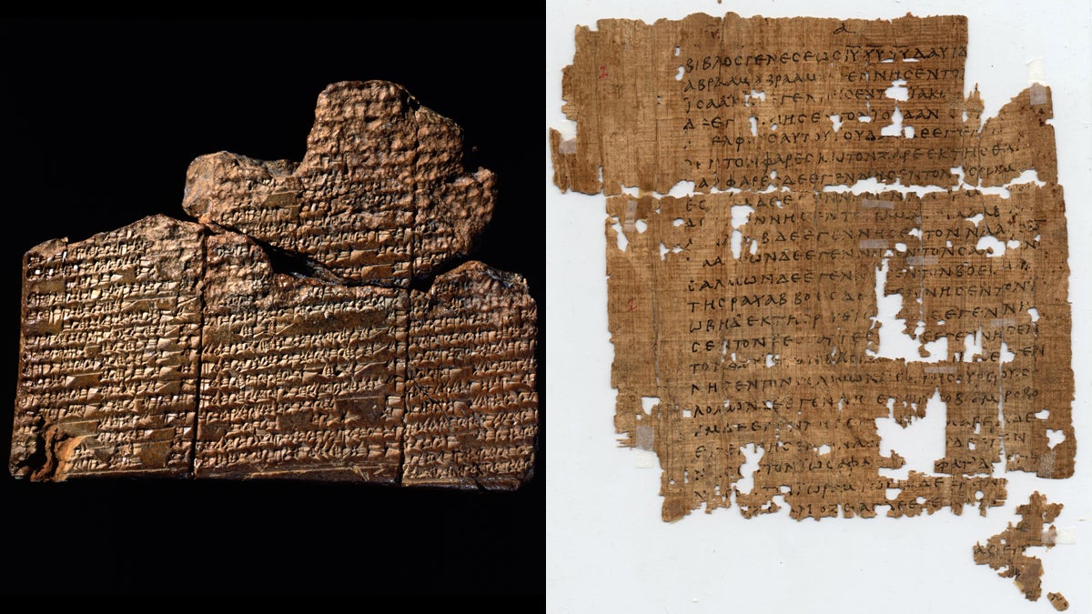  This ancient clay tablet (left) marked with cuneiform, a written language unique to ancient Mesopotamia, and a fragment of St. Matthew's Gospel (right), written in the 3rd century, are on display at the Penn Museum. (Images courtesy of Penn Museum.) 