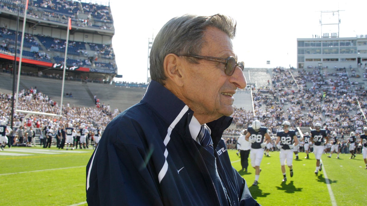  In this Oct. 8, 2011 file photo Penn St. head coach Joe Paterno walks onto the field for pre-game warm ups. (AP Photo/Gene Puskar) 