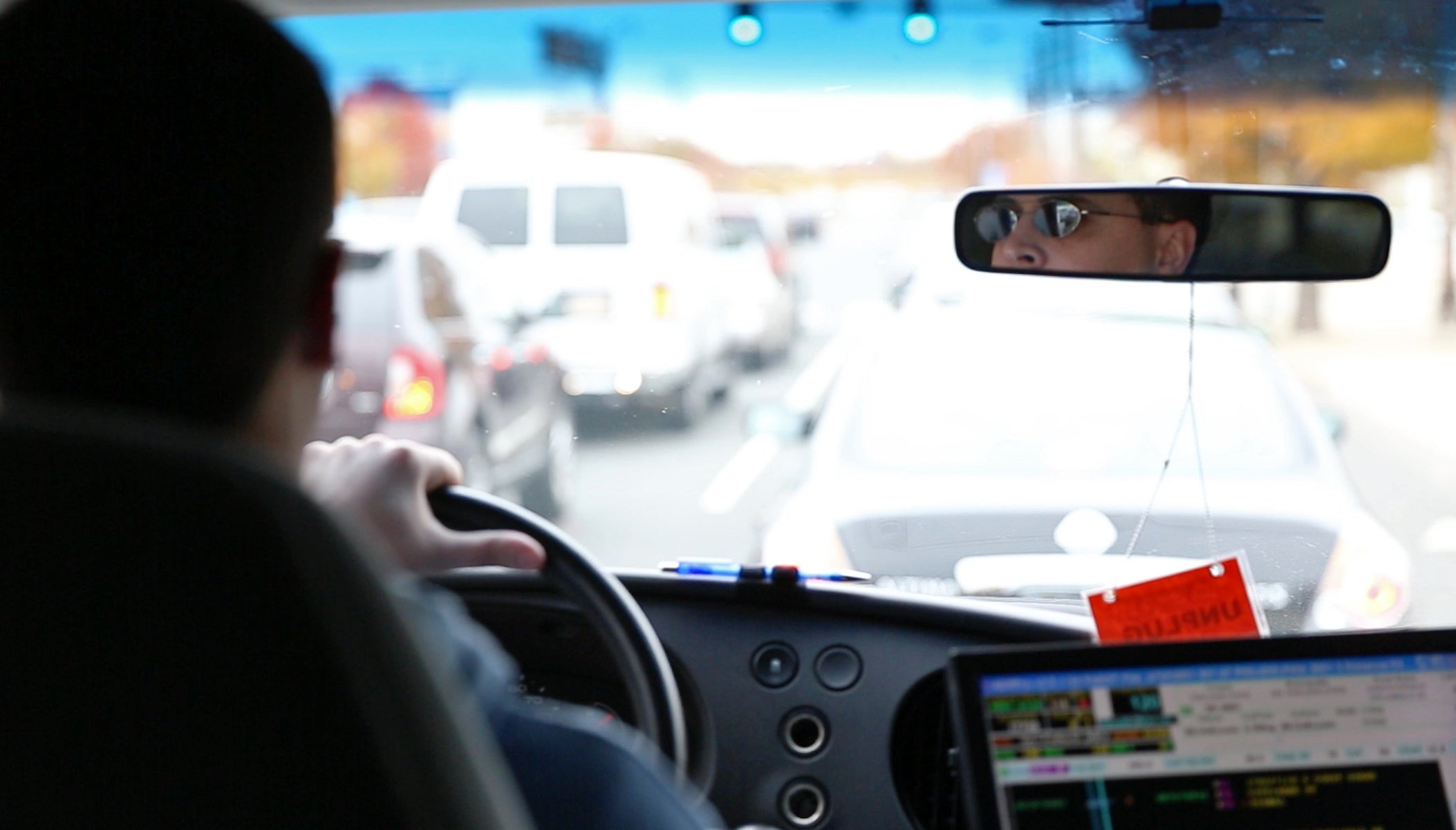  PennDOT's Keith Zeglin drives southbound on Columbus Boulevard to test the road for roughness.  (Lindsay Lazarski/WHYY) 