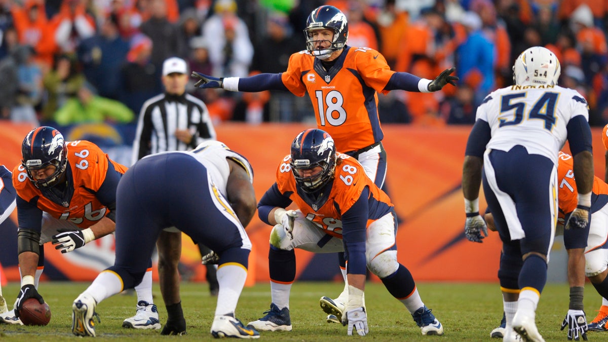  Denver Broncos quarterback Peyton Manning (18) calls an audible at the line of scrimmage against the San Diego Chargers in the fourth quarter of an NFL AFC division playoff football game, Sunday, Jan. 12, 2014, in Denver. (AP Photo/Jack Dempsey)  