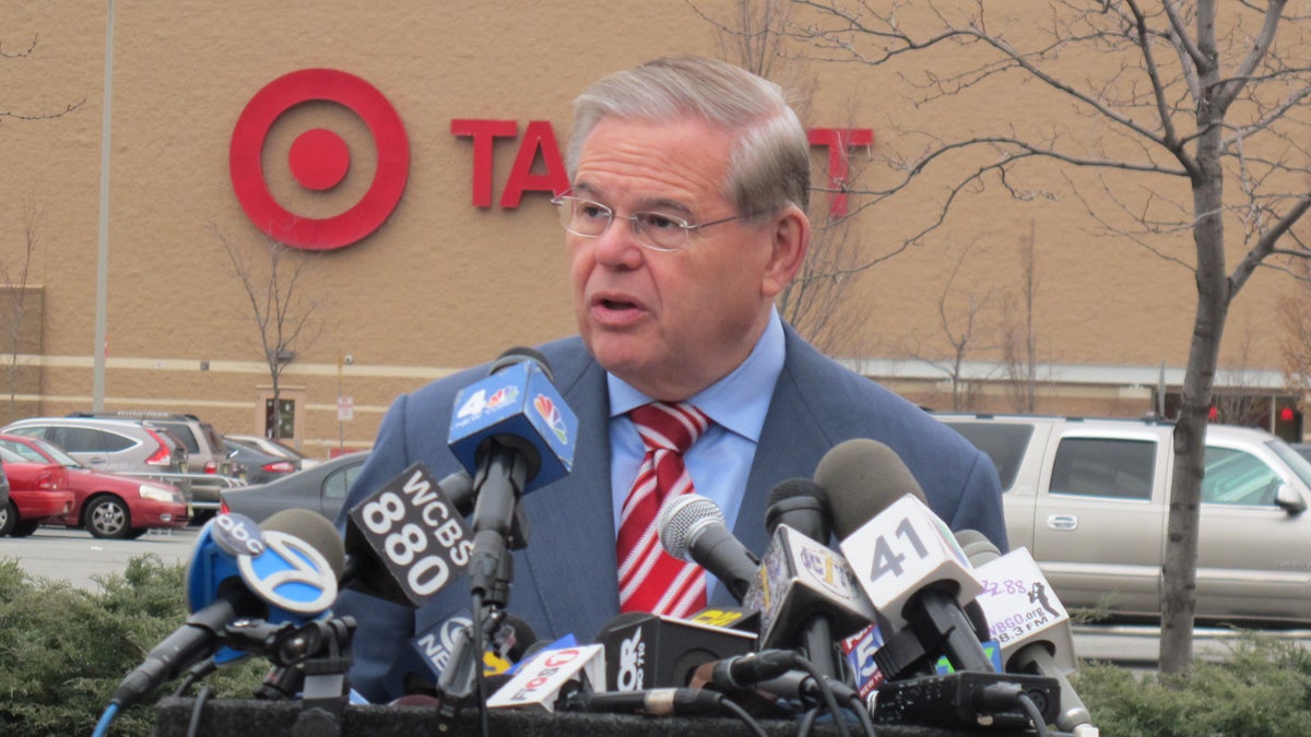 U.S. Senator Bob Menendez of New Jersey discusses his concerns in front of a Target store on 14th Street in Jersey City (Phil Gregory/for NewsWorks) 