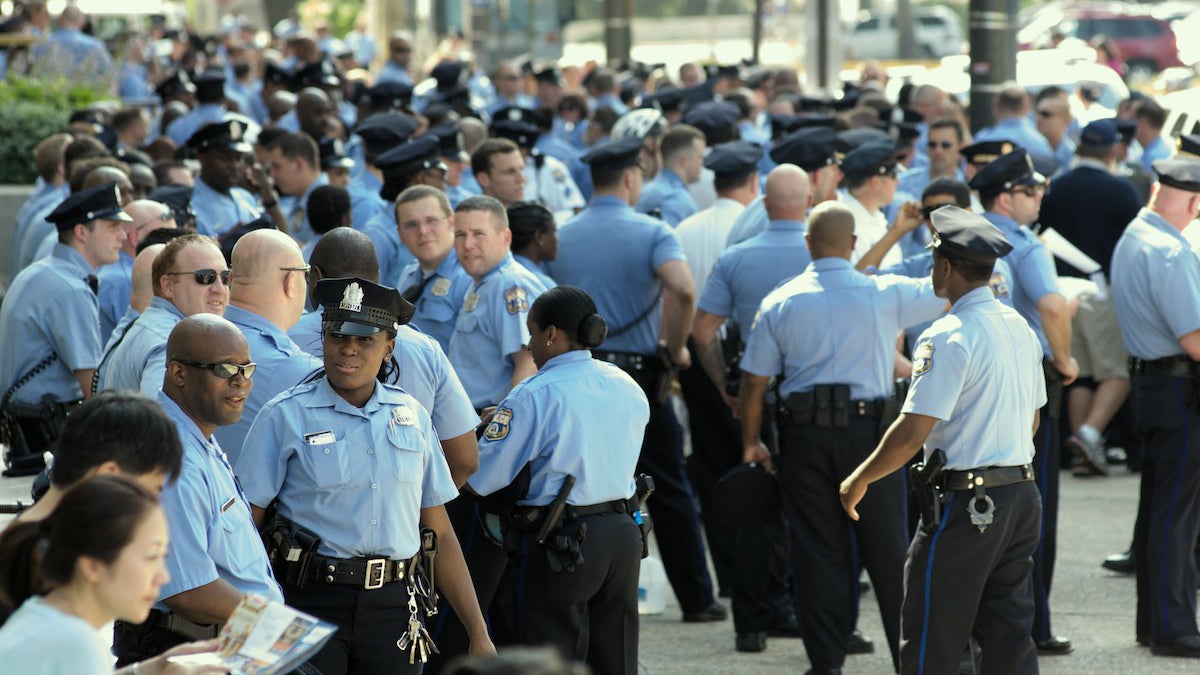 Philadelphia police officers are shown gathering before Independence Day festivities on the Benjamin Franklin Parkway. (Bas Slabbers/for NewsWorks, file) 