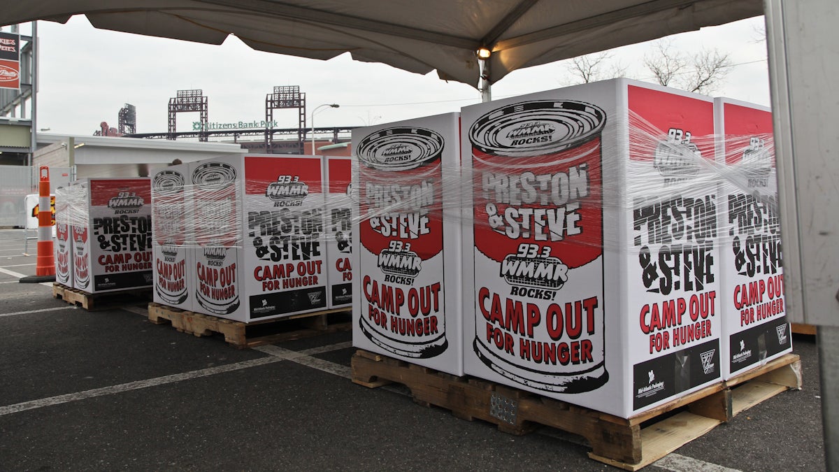  Popular Philadelphia radio DJs Preston and Steve are camped out for the entire week in the Xfinity Live! parking lot in South Philadelphia's sports complex area collecting food donations for Philabundance. (Kimberly Paynter/WHYY) 