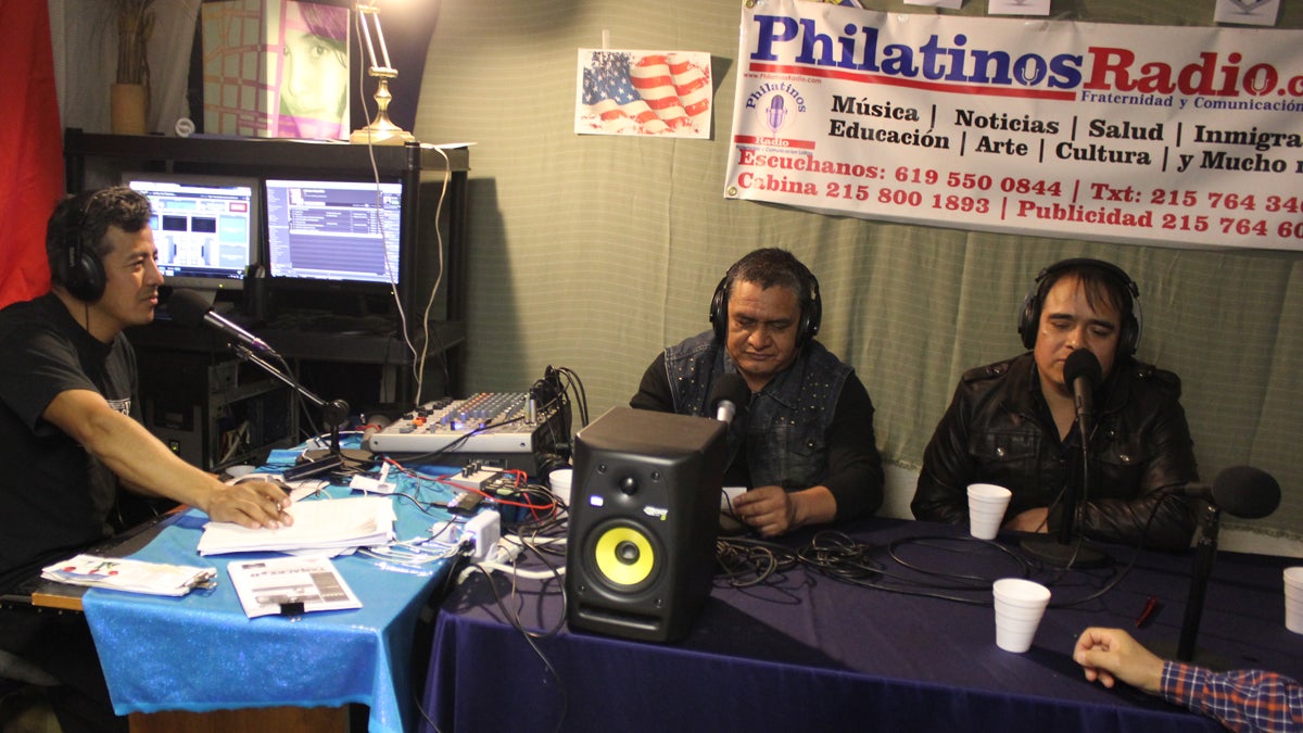  On a recent Tuesday evening, Javier Garcia Hernandez and his guests broadcast from the small studio of Philatinos Radio in South Philadelphia. (NewsWorks photo/ Emma Jacobs)   