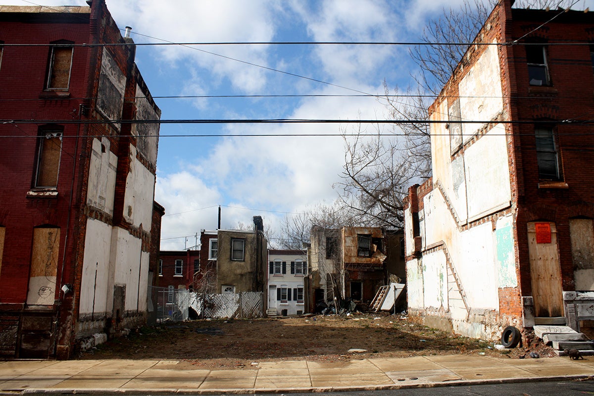Vacant lots on the 2100 block of North 9th Street in Philadelphia, near Temple University. Eighty percent of the block's properties were tax-delinquent. (Jared Brey/PlanPhilly) 