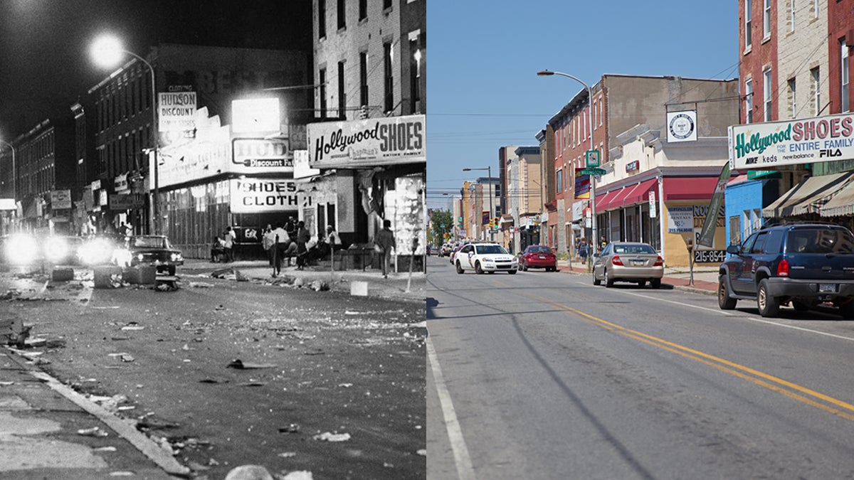  A view looking west down Columbia Avenue during the 1964 riots (left) and the view looking west down Cecil B. Moore Avenue in 2014.   