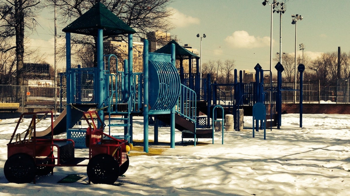  The refurbished playground at McDevitt Rec Center, several days before a grand-opening party. (Brian Hickey/WHYY) 