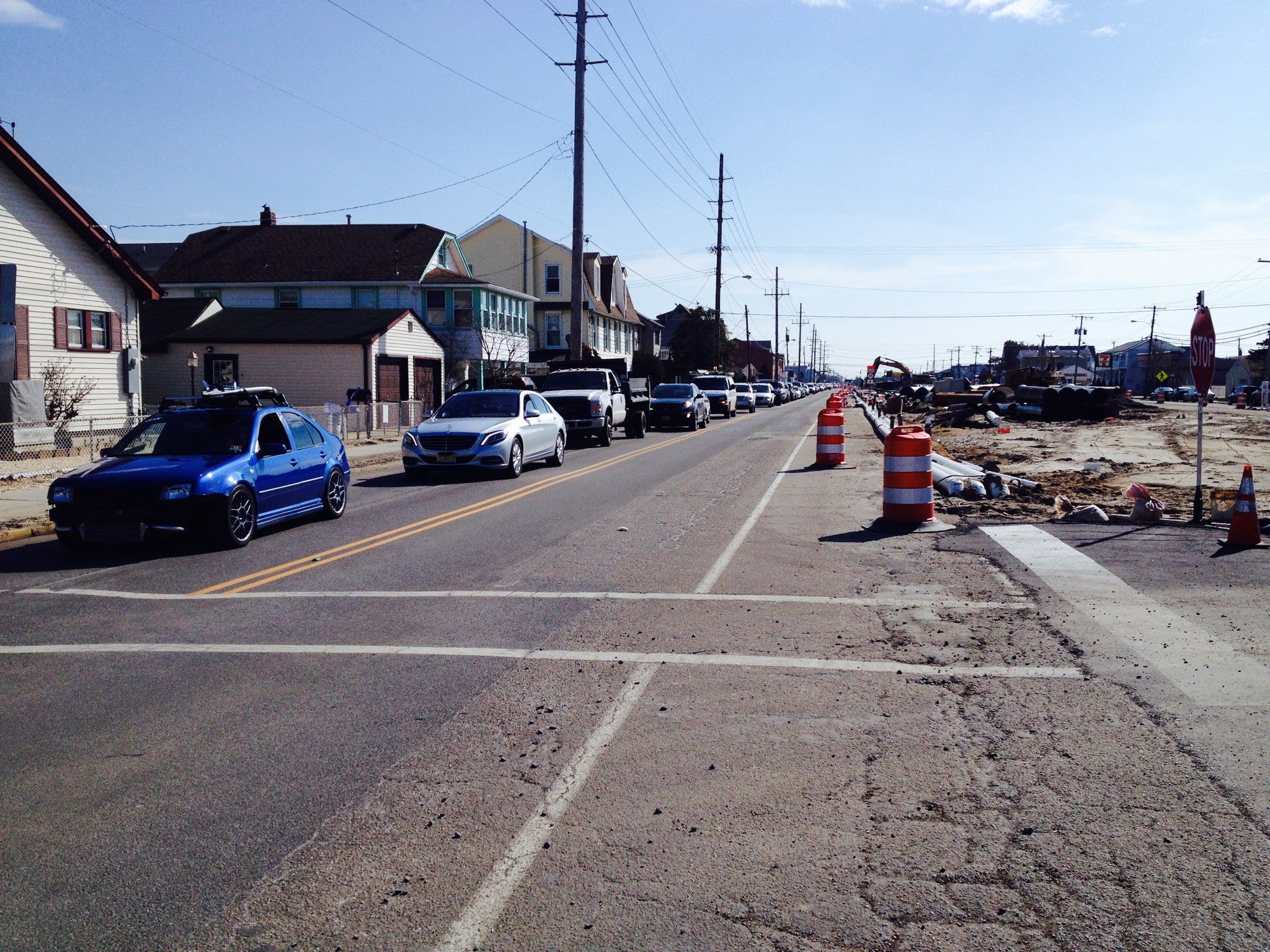  Vehicles on Route 35 heading past construction in Seaside Park following the Ocean County St. Patrick's Day parade in Seaside Heights on March 8, 2014. (Photo: Justin Auciello/for NewsWorks) 