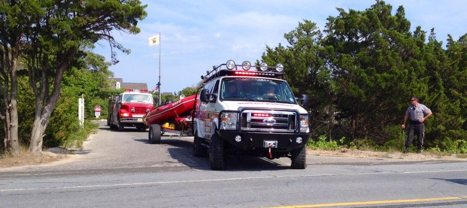  A Seaside Heights water rescue truck departs the Governor's Mansion in Island Beach State Park Thursday afternoon. Units were on hand at the location to establish a landing zone for a medevac, which was later cancelled. A woman pulled from the ocean was then transported by an ambulance to a local hospital. (Photo: Justin Auciello/for NewsWorks) 
