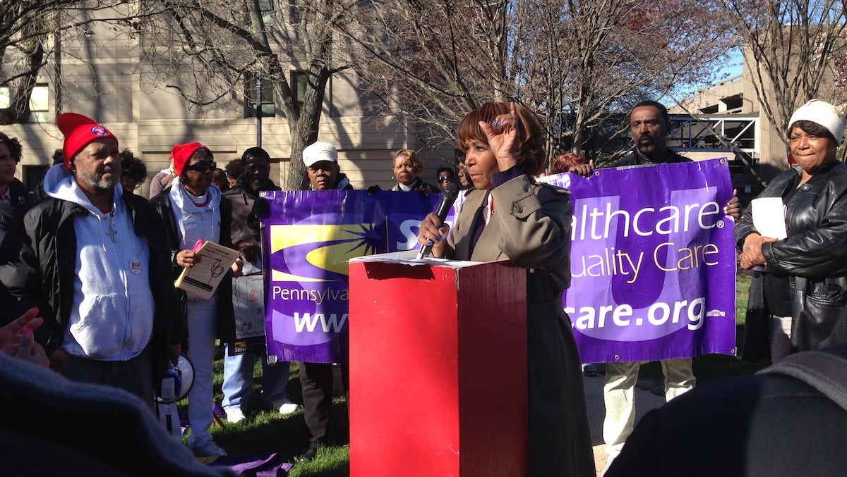  Councilwoman Blondell Reynolds Brown speaking at Wednesday's rally. (Neema Roshania/WHYY) 
