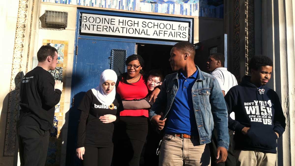  BuildOn students from area schools leaving Bodine High School for International Affairs (Laura Benshoff/WHYY) 