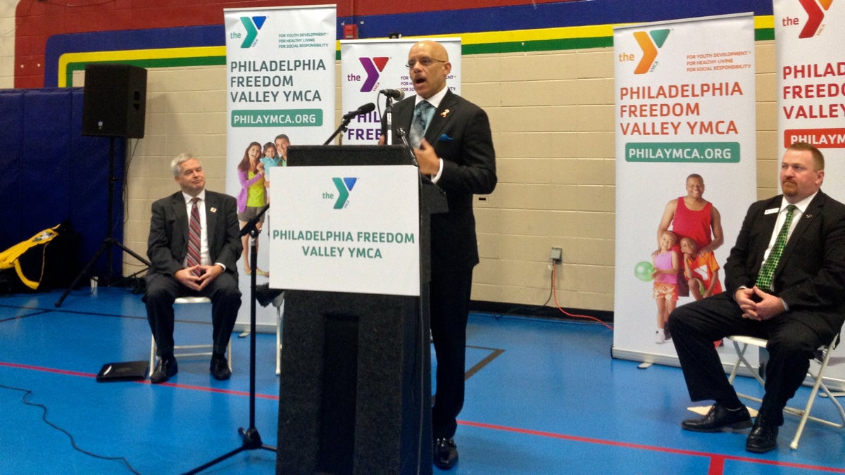  State Sen. Vincent Hughes speaks at an event at the Freedom Valley YMCA celebrating the launch of the Healthy PA subsidized health insurance program. (Carolyn Beeler/WHYY) 