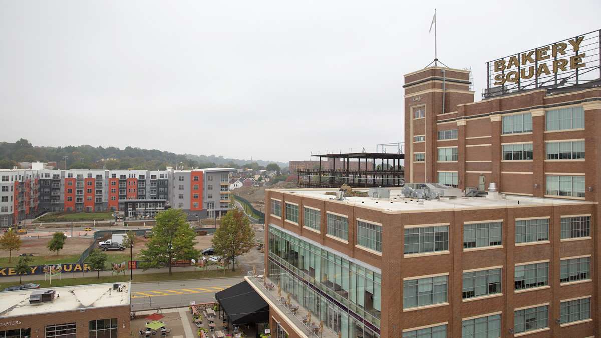  Google offices, luxury apartments, and upscale box stores now make up Bakery Square in the East Liberty neighborhood of Pittsburgh. Nabisco once operated there. (Lindsay Lazarski/WHYY) 