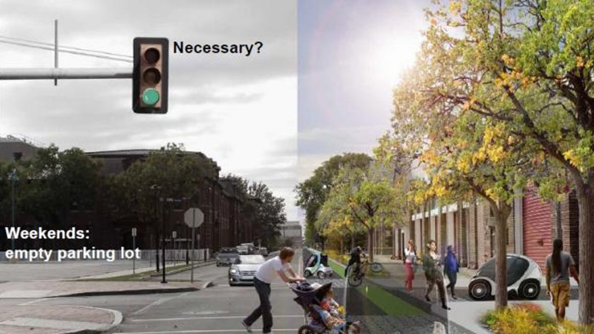   Auto Civitas' vision: With smaller roads, barren parking and driving zones are reinvigorated with green space and wider sidewalks (PlanPhilly Image) 