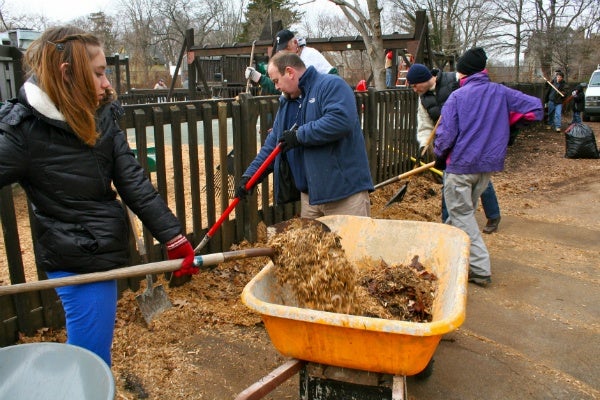  Volunteers clean up Houston playground in Mt. Airy on MLK Day 2013. (Lane Blackmer/for NewsWorks, file) 