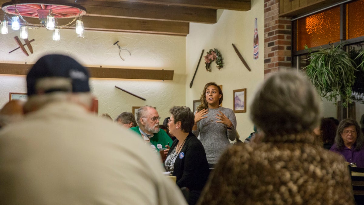 Hazel Diaz discusses Election day logistics at a meeting with volunteers for the Lebanon Democratic Committee at Hoss’s Restaurant. (Lindsay Lazarski/WHYY)