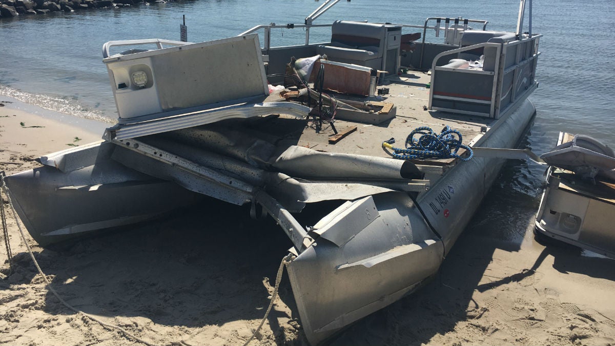 Damage to the pontoon boat involved in Saturday’s fatal boating accident. (photo courtesy Delaware Fish & Wildlife Natural Resources Police)