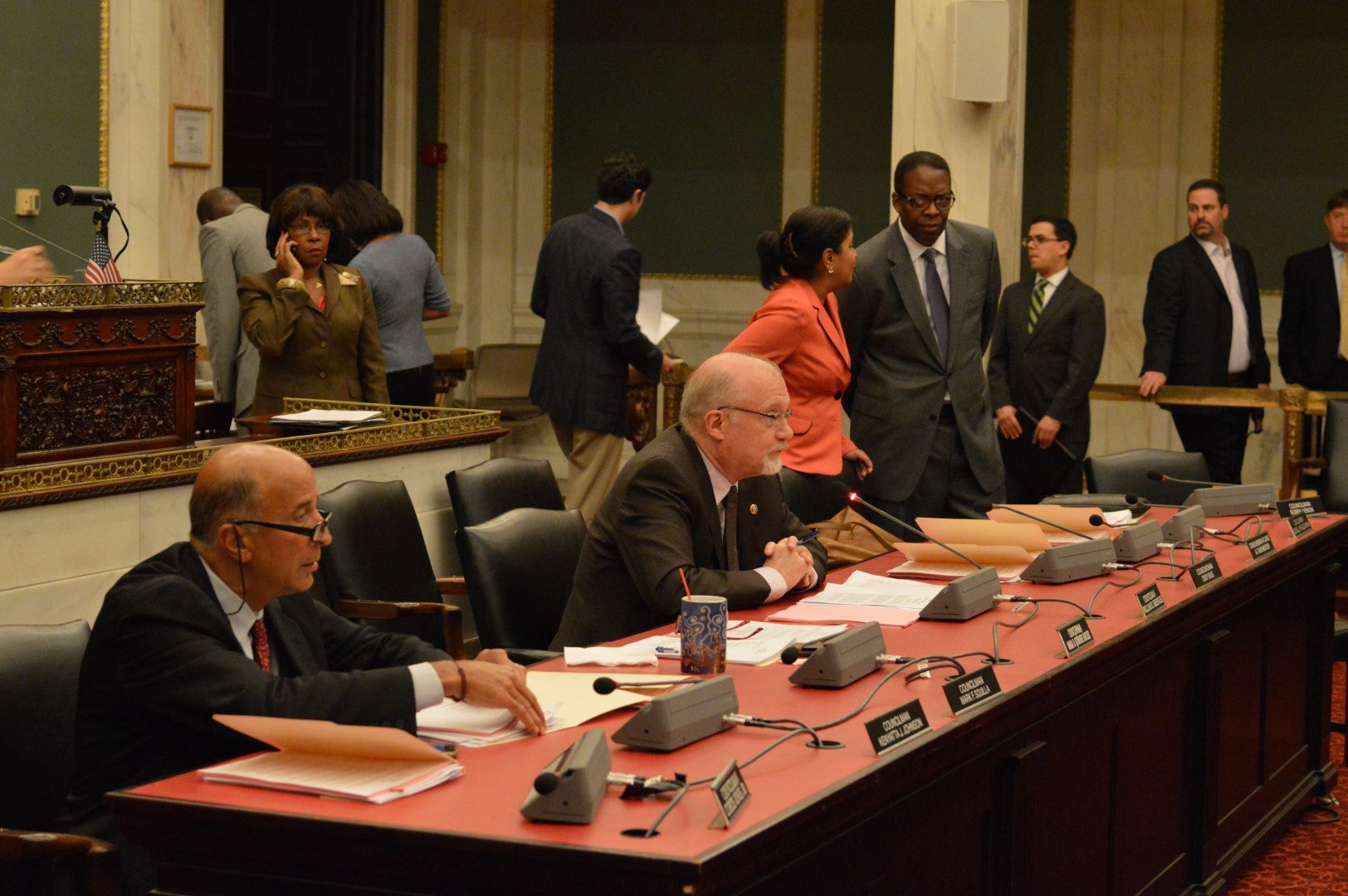 City Council members listen to testimony at a Wednesday hearing  in Philadelphia City Hall on medical marijuana dispensaries. (Tom MacDonald/WHYY)