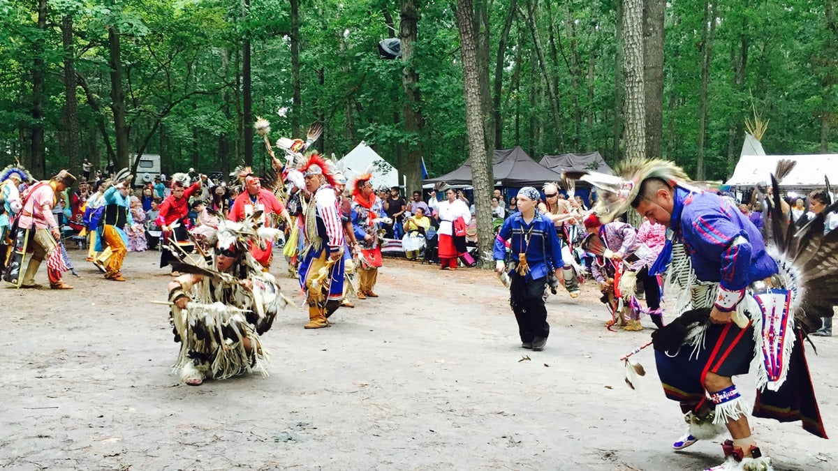 Members of the Nanticoke tribe dance at the 38th annual Pow Wow. (Paul Parmelee/WHYY) 