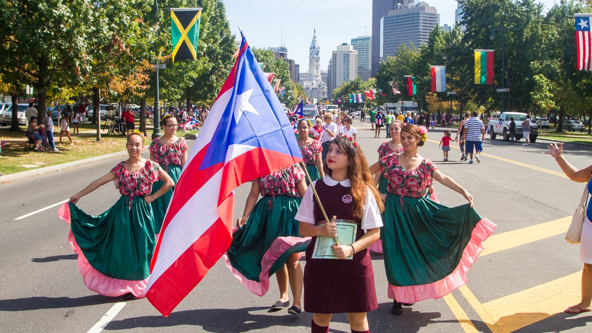 Students from Little Flower Catholic High School for Girls in Northeast Philadelphia performed at the Puerto Rican Day Parade Sunday. (Brad Larrison/for NewsWorks)