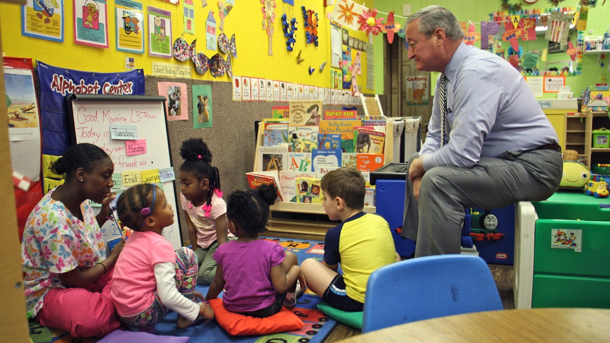 Mayor Jim Kenney visits with children at Little Learners Literacy Academy in South Philadelphia. (Emma Lee/WHYY)