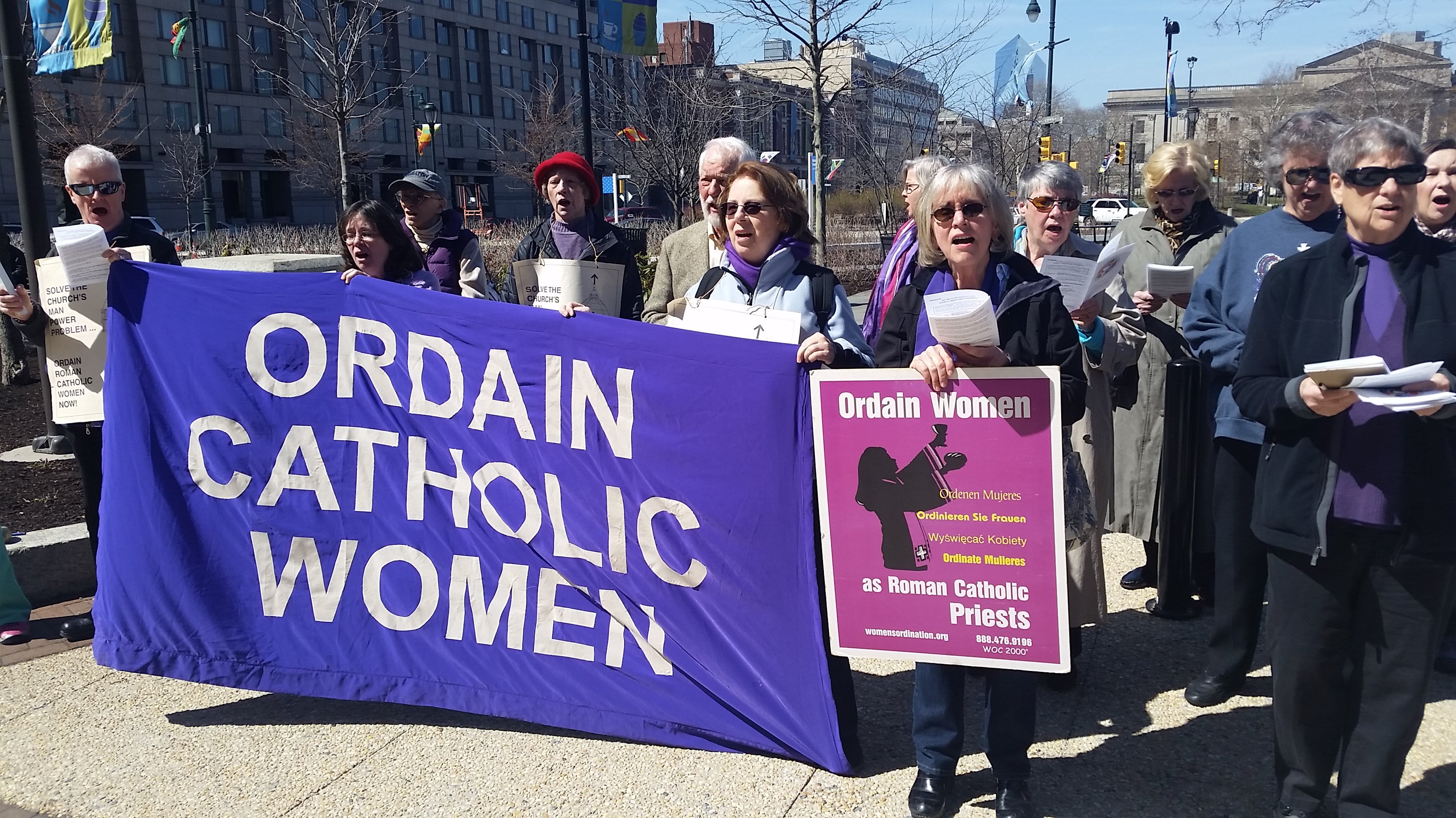  Women who want to be Catholic priests  protest outside Holy Thursday Mass at Philadelphia's Cathedral Basilica of Sts. Peter and Paul.  (Tom MacDonald/WHYY) 