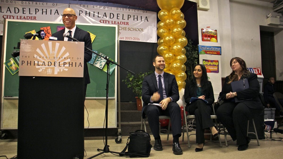 School District of Philadelphia Superintendent William Hite praises principals who earned high scores in a district evaluation in this file photo from 2017. (WHYY staff)