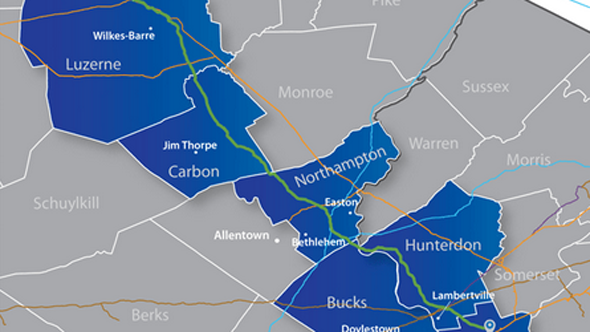 The proposed route of the PennEast pipeline stretches from upper Luzerne County, Pa. to Mercer County, near Trenton, New Jersey (Courtesy of PennEast Pipeline Company) 
