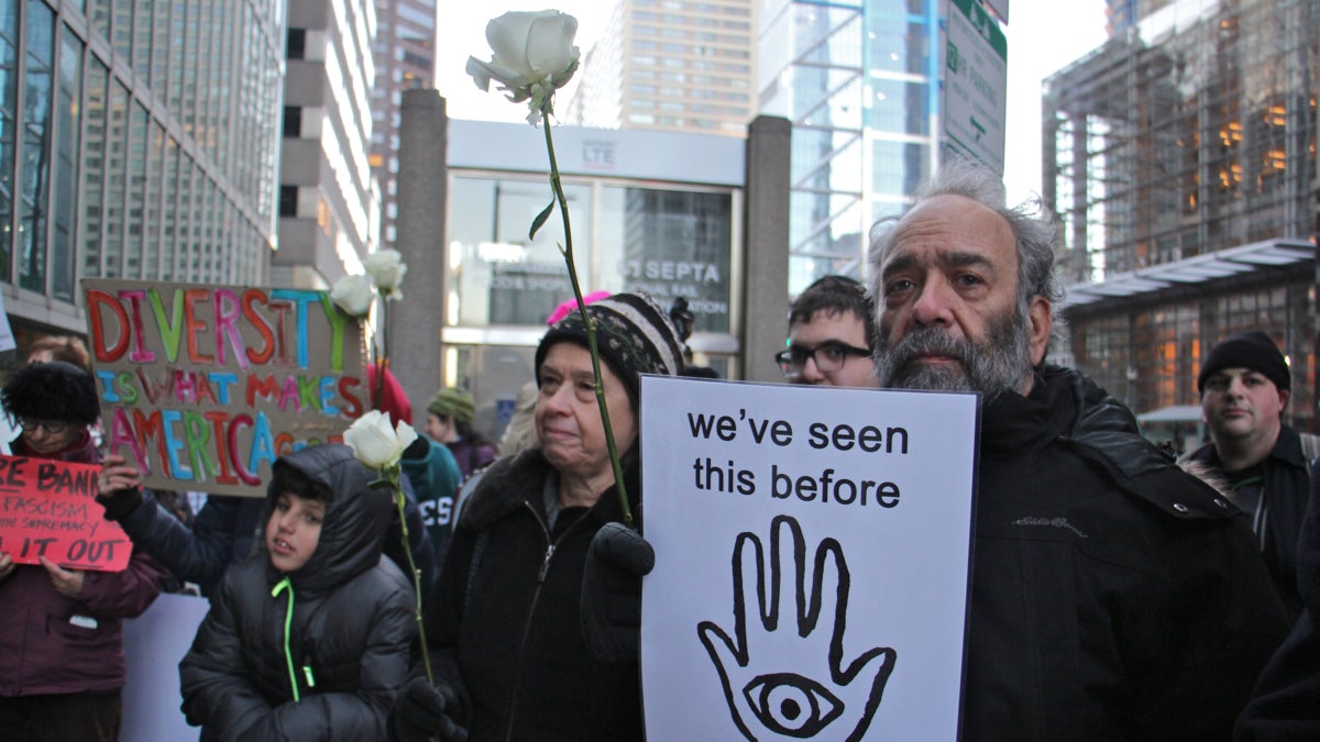  Activists protest Tuesday in Center City on Tuesday. (Jessica McDonald/WHYY) 