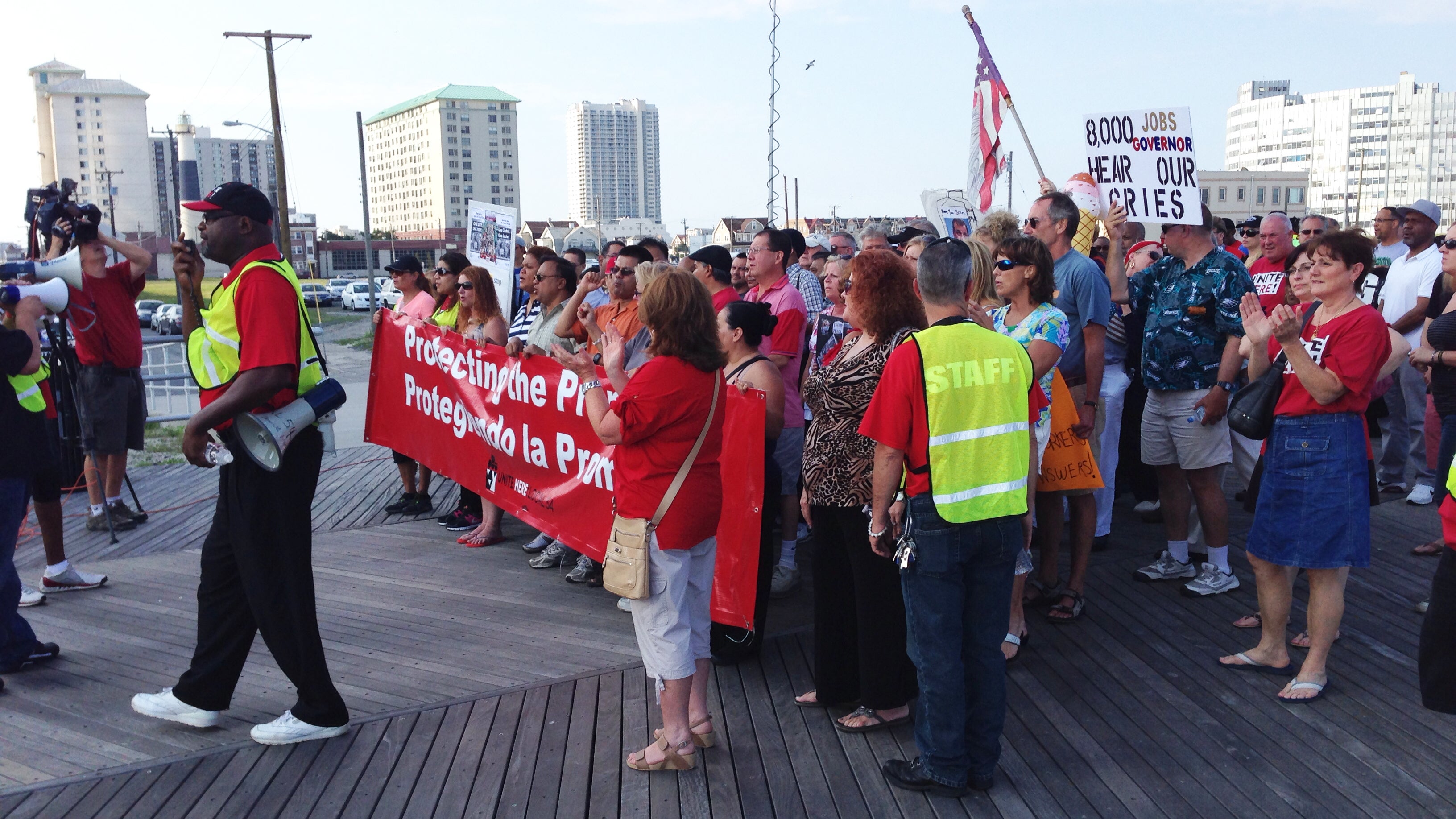  Casino employees march a half-mile stretch of the Boardwalk in Atlantic City, petitioning management to remain open 'four more months'(John Abbott/for NewsWorks) 